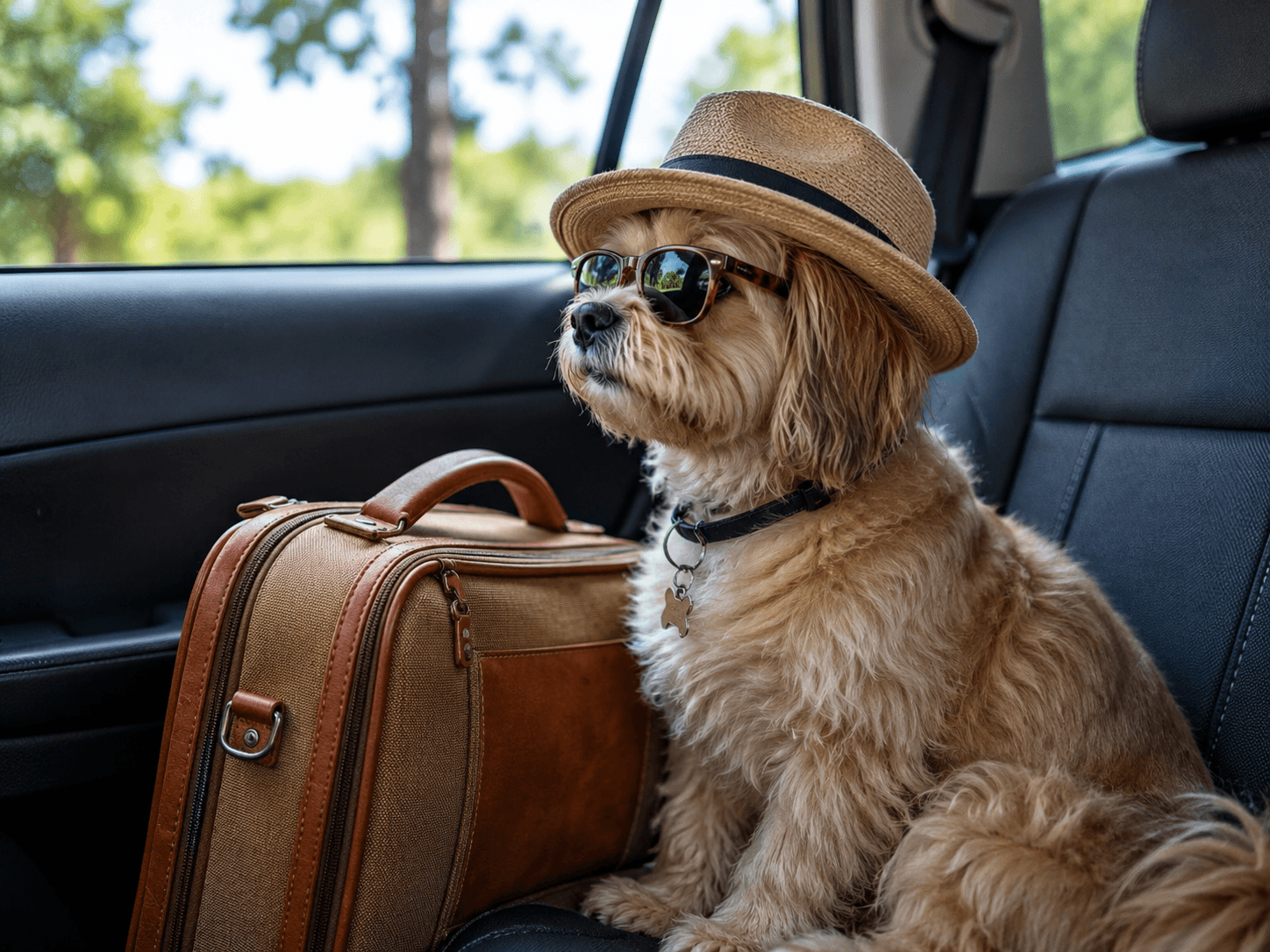 Perro con maletas y sombrero viajando en automóvil